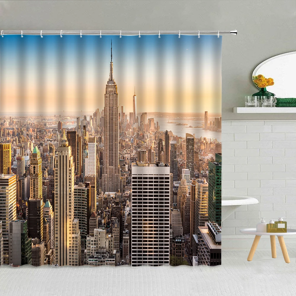 

City Architecture Scenery Shower Curtain Building Night View Bathroom Supplies Fabric Bath Screen With Hooks Decor 3D Printing