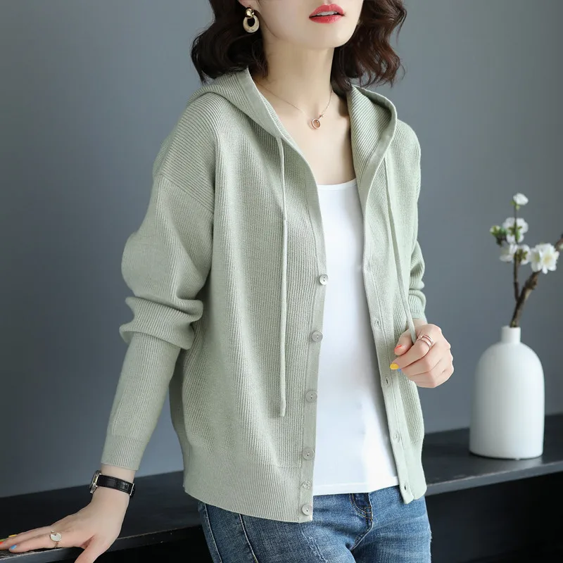 

Women 2021 Spring Autumn Casual Hooded Thin Knitted Sweater Female Loose Cardigans Coat New Ladies Solid Outerwear