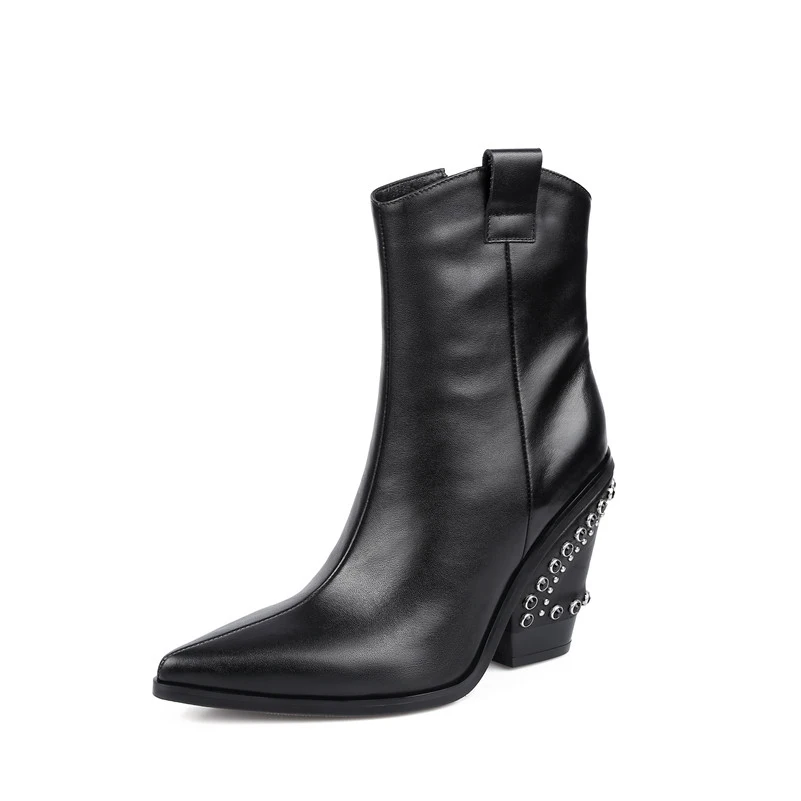 

FOREADA Super High Heel Western Boots Woman Real Leather Ankle Boots Rivet Chunky Heel Short Boots Zip Pointed Toe Female Shoes