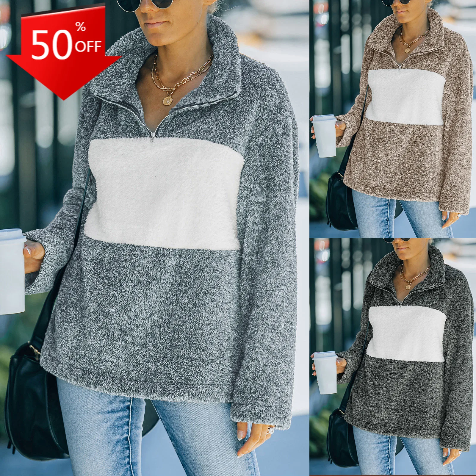 

Women Winter Warm Faux Lamb Wool Sweatshirt Contrast Color Long Sleeve Thick Pullover Top Coat Outwear E-Girls Streetwear