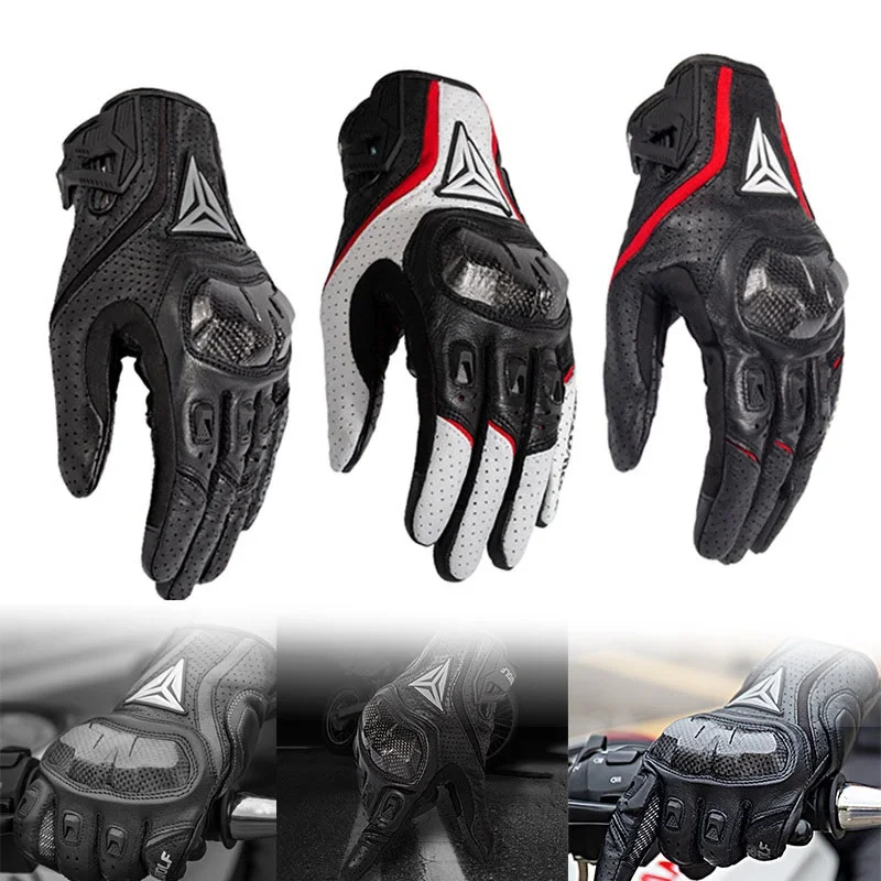 Motorcycle Gloves Breathable Leather Touchscreen Full Finger Seasons Gloves with Carbon Fiber Hard Knuckle Anti-fall Protect