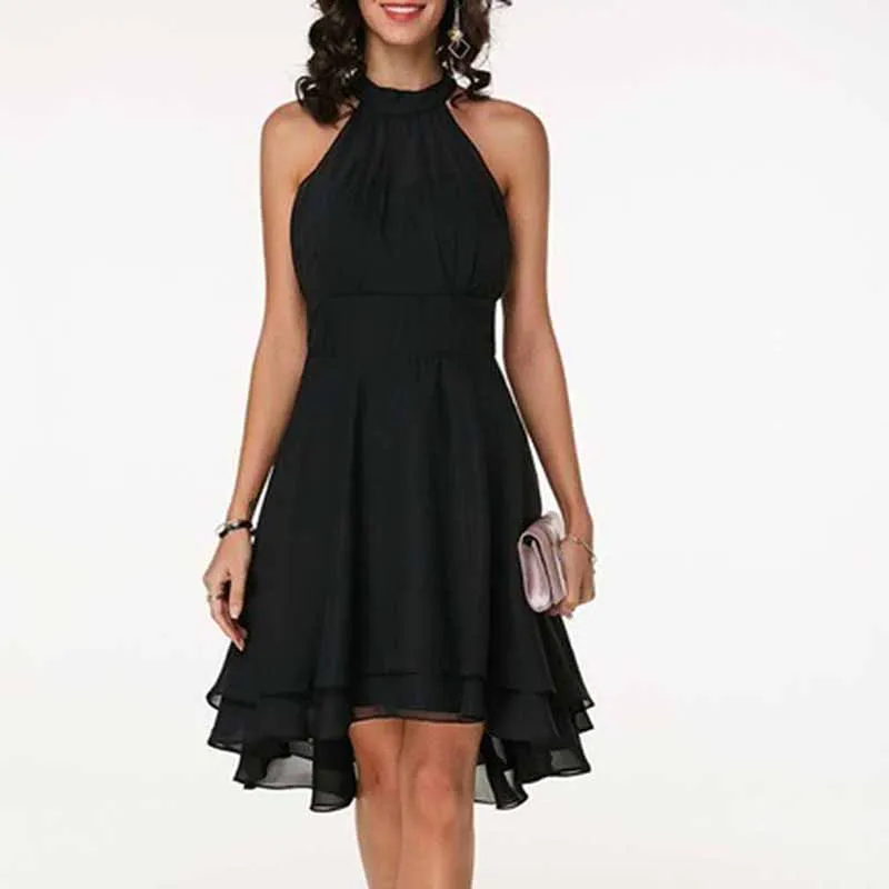 

Sexy Women Sleeveless High Waist Irregular Hem Cropped Layered Solid Chiffon Halter Party Dress