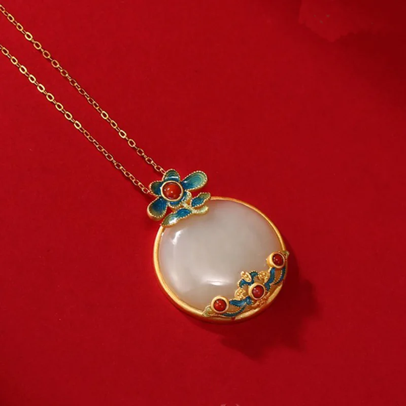 

Retro National Style Jewelry Dainty Enamel Flower Hetian Stone Round Pendant Necklace For Women Wedding Party Charm Neck Chain