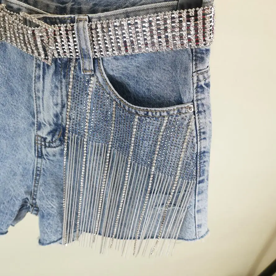 

2020 summer new women loose wide leg shorts heavy industry rhinestone hole high waist tassel thin denim shorts female q564