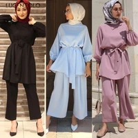 lugentolo women two piece outfits loose muslim abaya fashion o neck sashes elastic waist long solid office lady sets