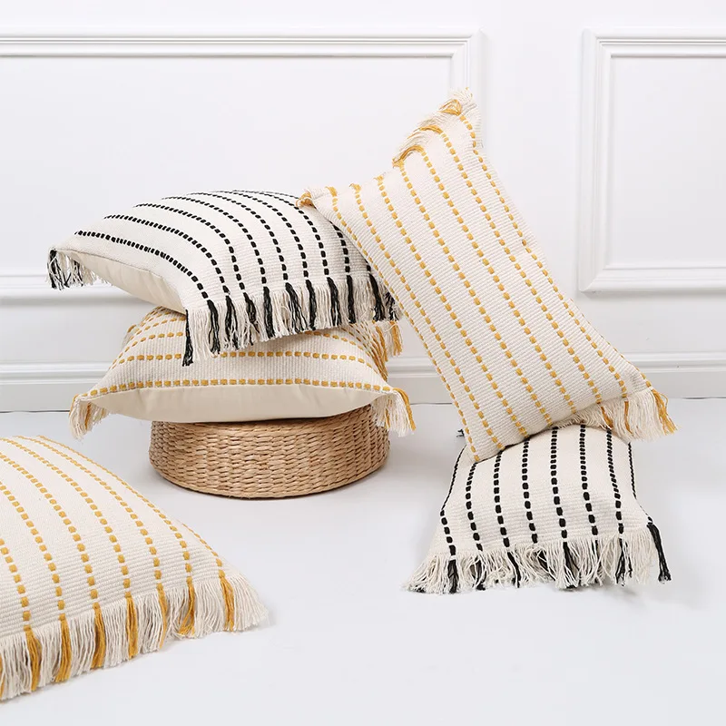 

Plus Cushion Cover 50x50cm Tassels Pillowcase Mustard Ivory Black Cotton Stripe Pillow Covers Decorative Pillows for Sofa Cover