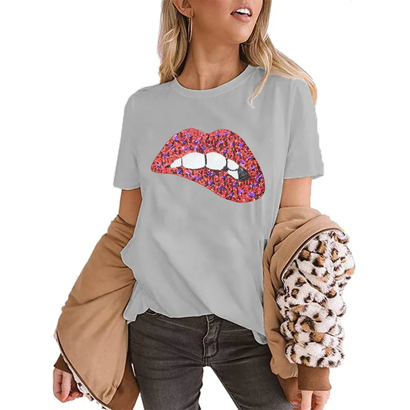 

2021 Europe And The United States The New Frock Sequins Embroidery Lips Round Collar Short Sleeve T-Shirt