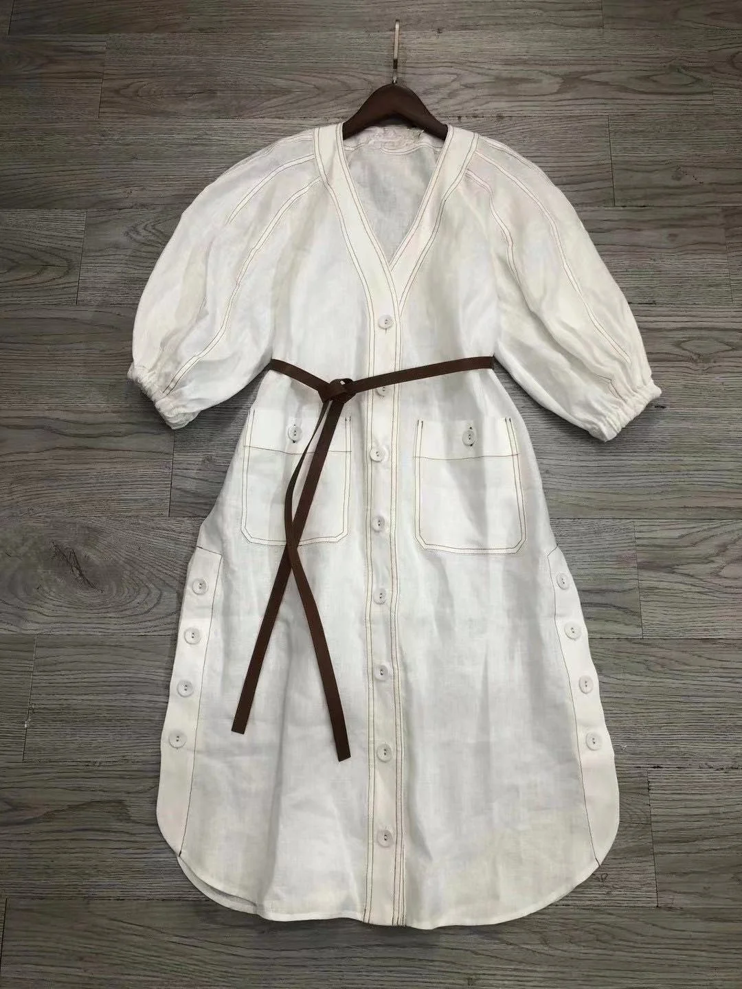 

2021 Summer New Linen Beige Belt Dress Woman Dress V-Neck Sashes