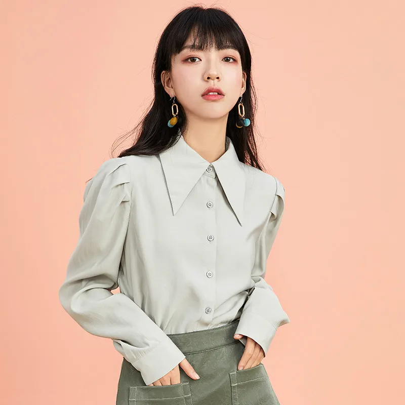 

Loose Solid Blouse Puff Sleeve Cotton Fashion Single Breasted Long Sleeve Shirt Women Tops Korean Chemise Femme Clothing ED50CS