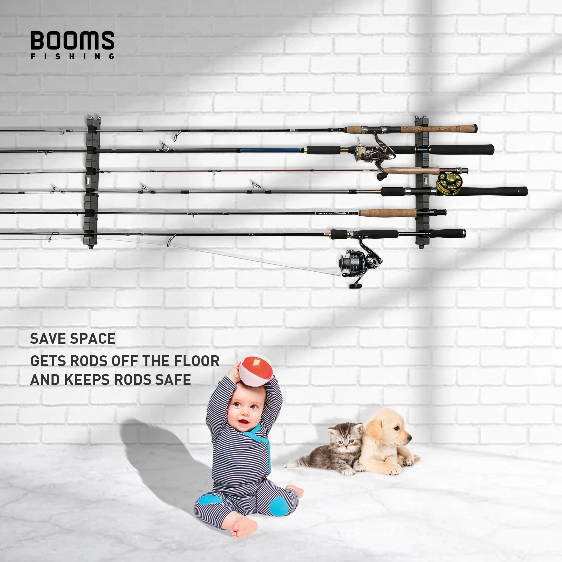 Booms Fishing WV1 Horizontal 6-Rod Rack Fishing Pole Holder Rod Holders Wall Mount Modular for Garage Fishing Rods Storage Tool