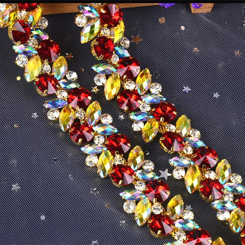 Супер близко Стекло камня 1 ярд 3 2 см Мульти Цвета Сиам желтые стразы цепь золотая