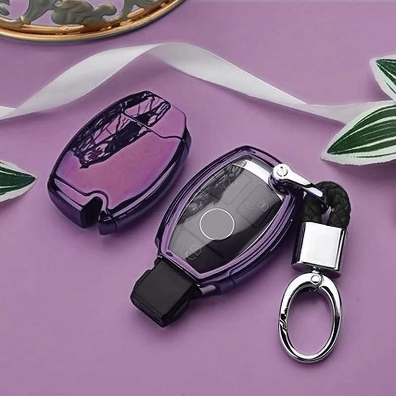 Purple with Keychain Pcmos ТПУ чехол для ключей автомобиля держатель для Mercedes Benz GLA200/C/S/E/GLC/GLK/CLA/ML/GLE/W204/W251/W463/W176 защитный чехол - Название цвета: Purple with Keychain