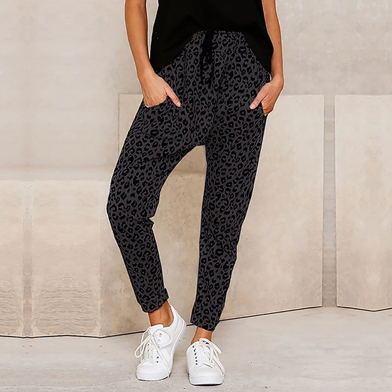 Autumn Ladies Casual Fitness Trousers Leopard Printed Lace Up Straight Pants Fashion Pockets Female Full | Женская одежда