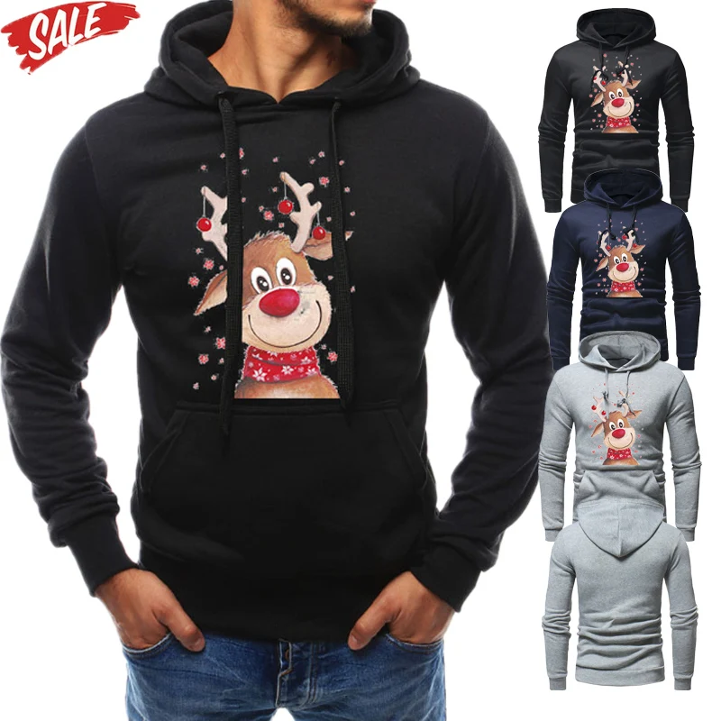 

Men's Christmas Hoodies Cartoon Elk Xmas Hooded Autumn Winter Loose Color-blocking Plush Hoodies Top Tracksuits Sweatshirts