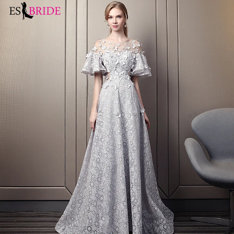 Элегантные кружевные вечерние платья ES2936 трапециевидной формы с круглым вырезом