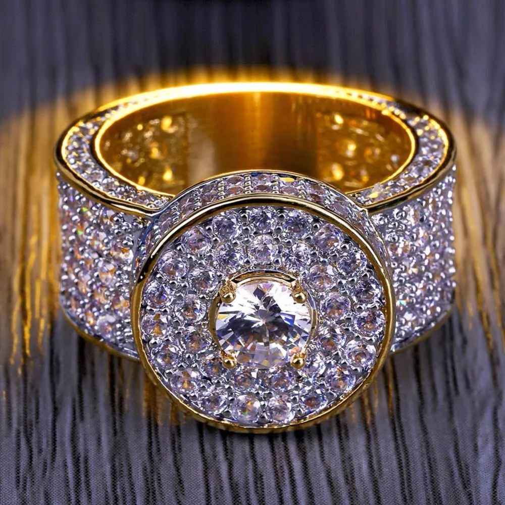 

1 Fashion Hip Hop Luxury Full Cubic Zirconia Iced Bling Golden Ring Mens Gold Color Brass Round Rings Male Rock Jewelry Anillo