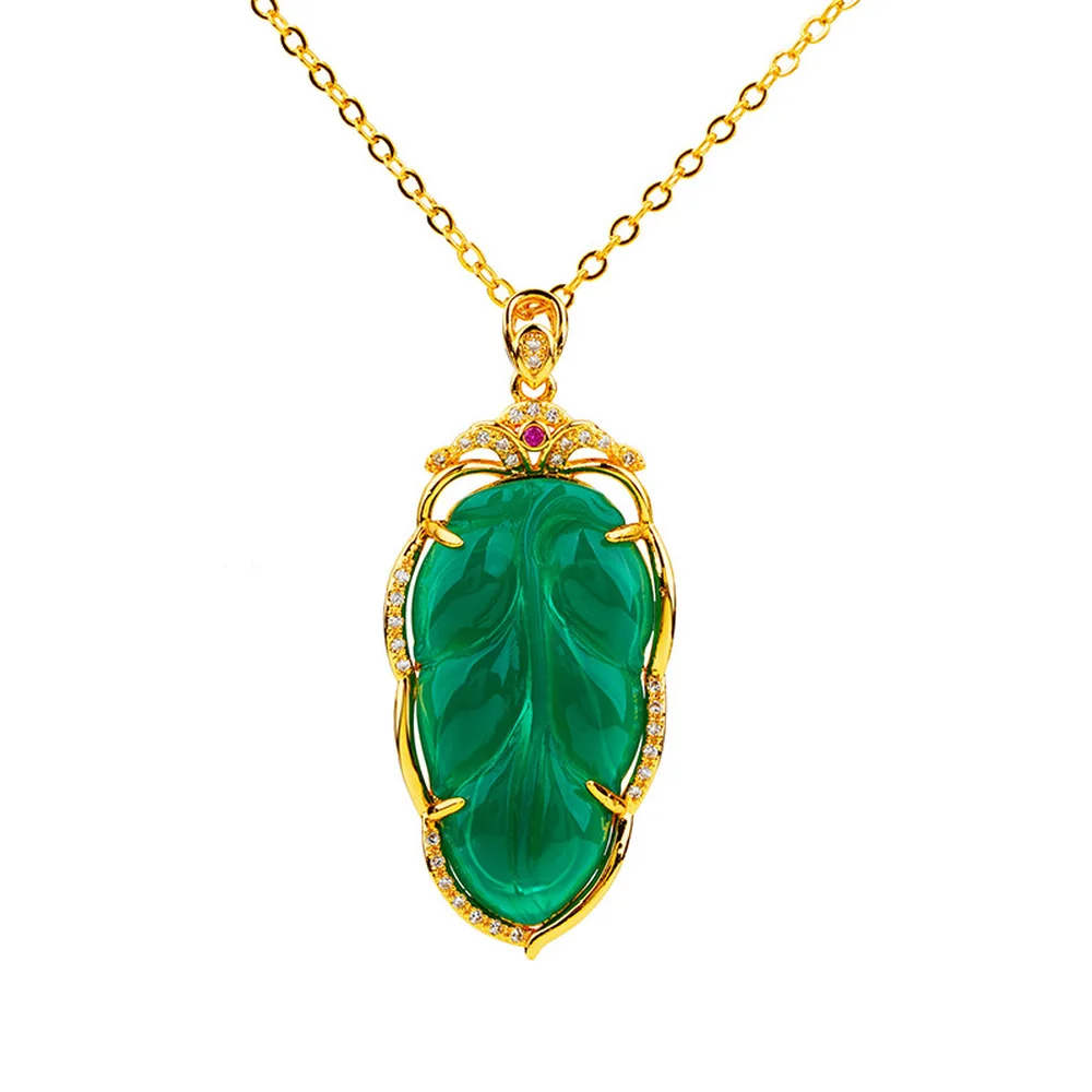 

24K Gold Mosaic Green Rhinestone Leaf Shape Pendant Choker Neck Indian Necklaces for Women 45cm Chains Jewelry Accessories