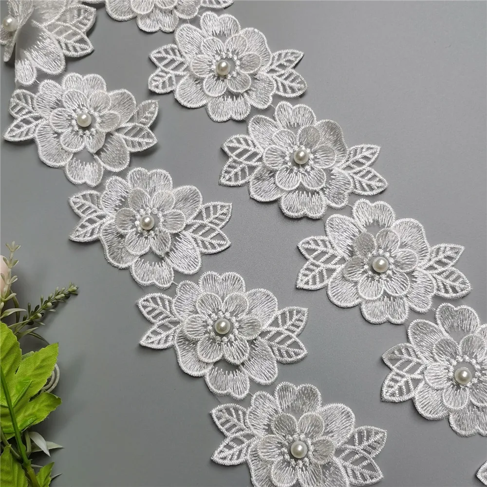 10 шт. белый цветок с жемчугом вышитая кружевная отделка по краям лента ткань в