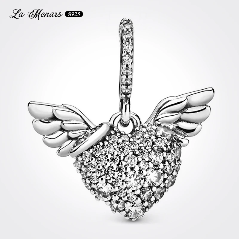 

La Menars Heart Angel Wings Dangle Genuine 925 Sterling Silver Fit Original Pandora Charm Bracelet For Women Jewelry DIY Making