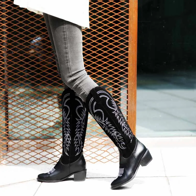 

2019 New womens bootsWestern Cowboy Boots for Women Pointy Toe Cowgirl Boots Square Heels Knee High Boots Retro Woman Shoes