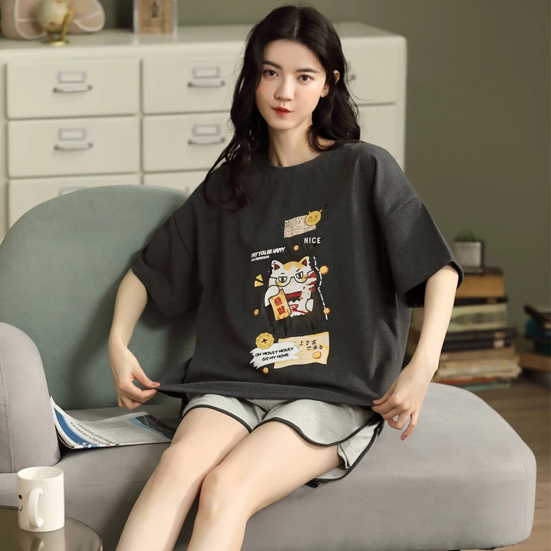 

Размера плюс свободная женская пижама с коротким рукавом, комплекты летние хлопковые футболки с короткими рукавами для мальчиков; Одежда д...