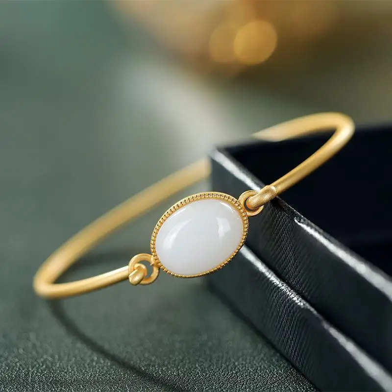 

Creative S925 Sterling Silver Gilding Hetian Jade Bracelet Women's Elegant Goddess Matching Personalized Opening Bracelet Hand J
