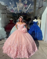cinderella pink off the shoulder ball gown quinceanera dresses beaded 3d flowers formal prom graduation gowns princess sweet 15