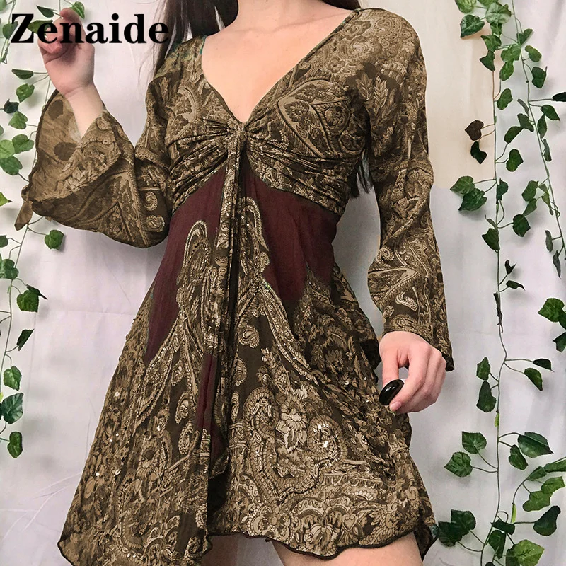 

Zenaide 2021 Fairycore Grunge Print Mini Dress Autumn Winter Vintage Brown Flare Long Sleeve Elegant Women Party Dresses Y2K