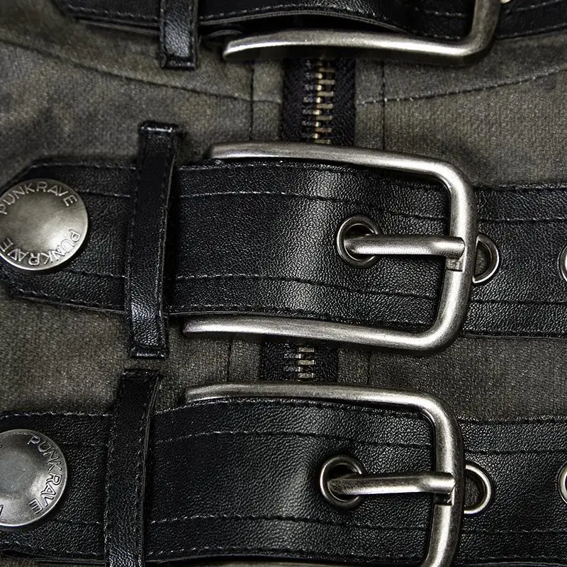 

PUNK RAVE Men's Gothic Buckle Neckline Jacquard Handsome Cool Coat Fashion Club PU Leather Loop Decoration Long Jacket Men