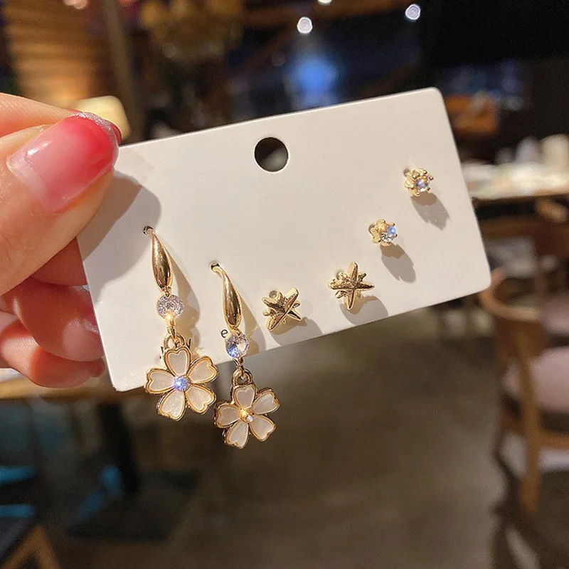 

3Pcs/Set Korean Simple Crystal Stud Earrings Set For Women Flowers Zircon Earrings Girls Party Wedding Engagement Jewelry