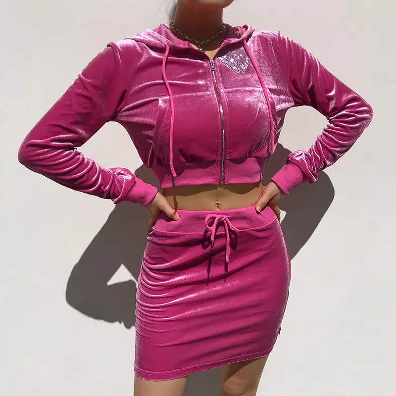 

Velvet Hooded Short Jacket + Skirt Female Hot Rhinestone Zipper Drawstring Casual Tight Sexy Zipper Hoodie Short Skirt Set
