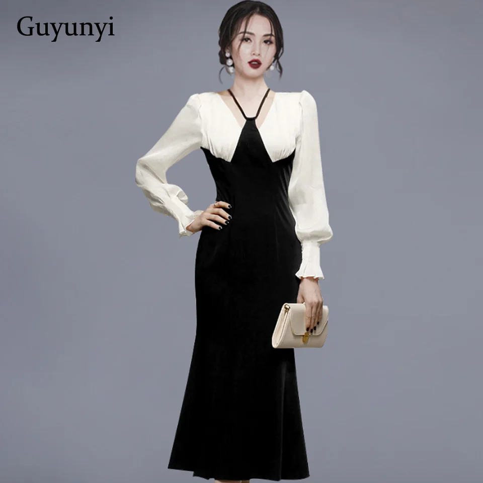 

Elegant Party Dress 2022 Spring V-Neck Fake Two Pieces Black White Stitching Puff Sleeve High Waist Fishtail Hem Women's Dresses