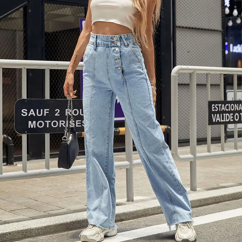 

Asymmetrical Button High Waisted Jeans Streetwear Women Jean Vintage Straight Leg Jeans Washed Blue Denim Trousers