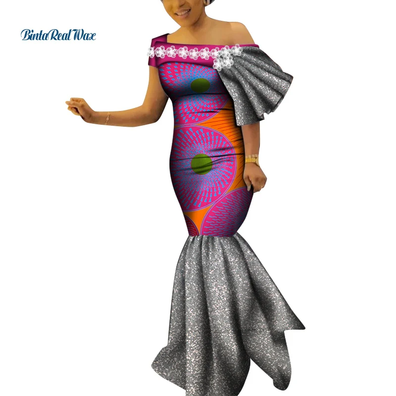 

African Dresses for Women Africa Print Bling Long Dresses Vestidos African Wedding Party Lace Flower Ankara Woman Dresses WY7794