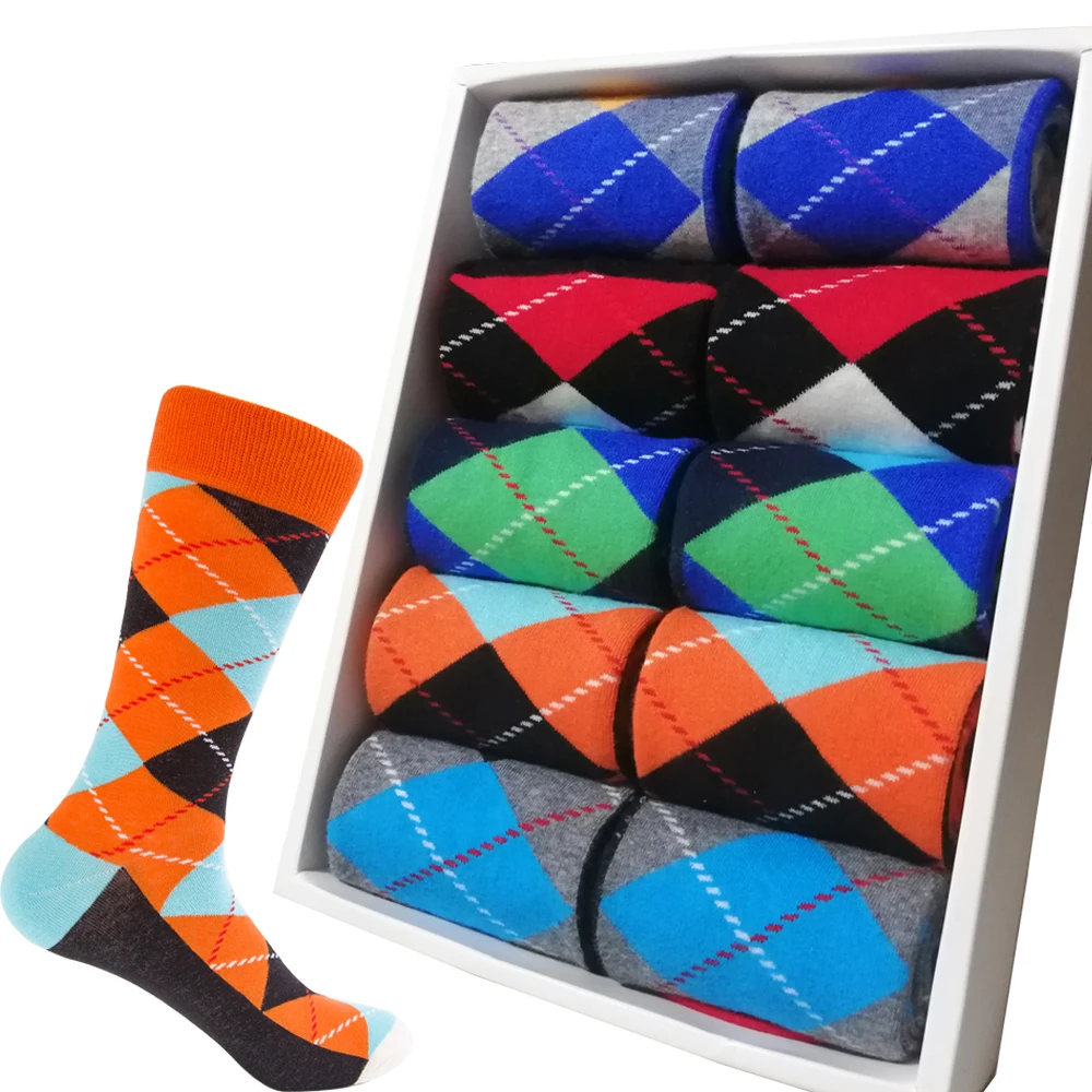 Носки мужские длинные хлопковые в клетку Модные Цветные дышащие Счастливого