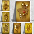 Металлическая фигурка, художественная статуя, золотой Холст, скульптура для пары, плакат, печать, картина для гостиной, украшение для дома, картина без рамки