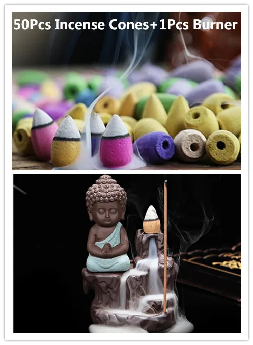 

50Pc Incense Cones + Burner Creative Home Decor The Little Monk Small Buddha Censer Backflow Incense Burner Use In Home Teahouse