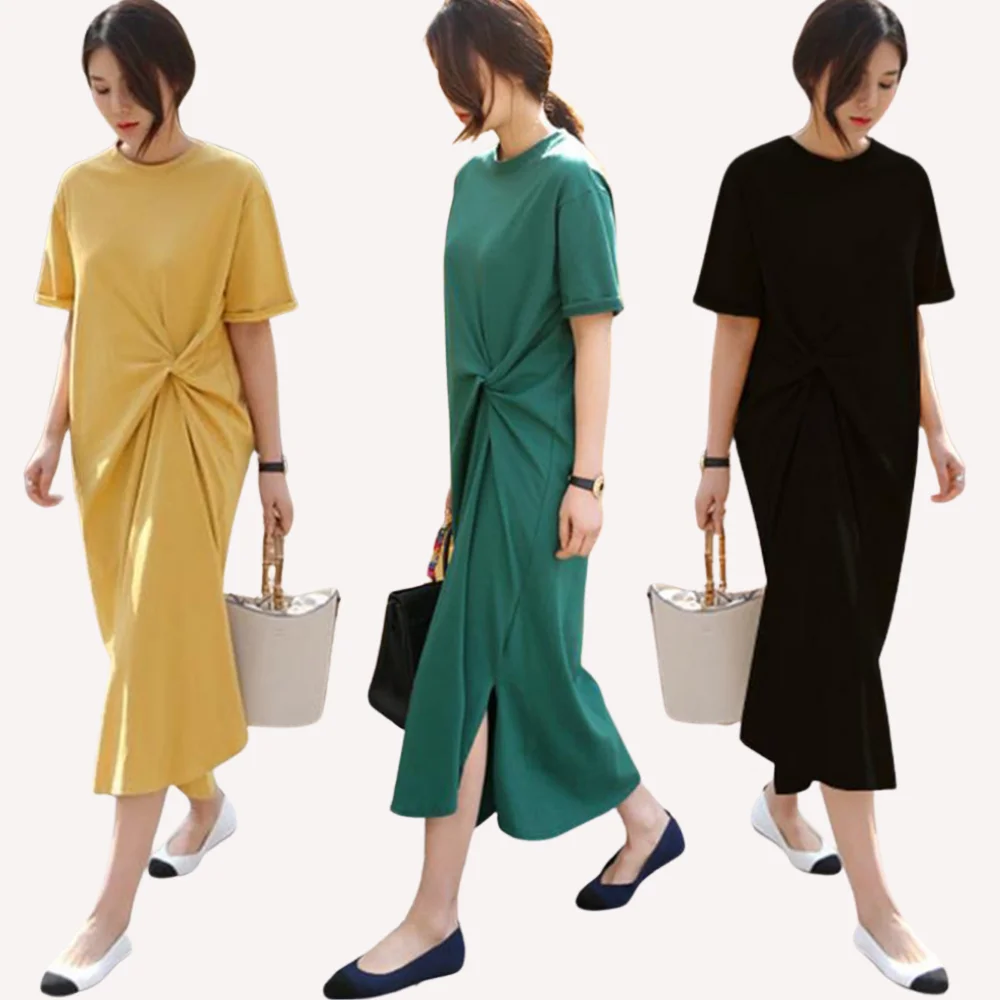 

long tshirt dress short sleeve Wrinkles o neck solid color women dresses summer 2021 korean style casual midi dress