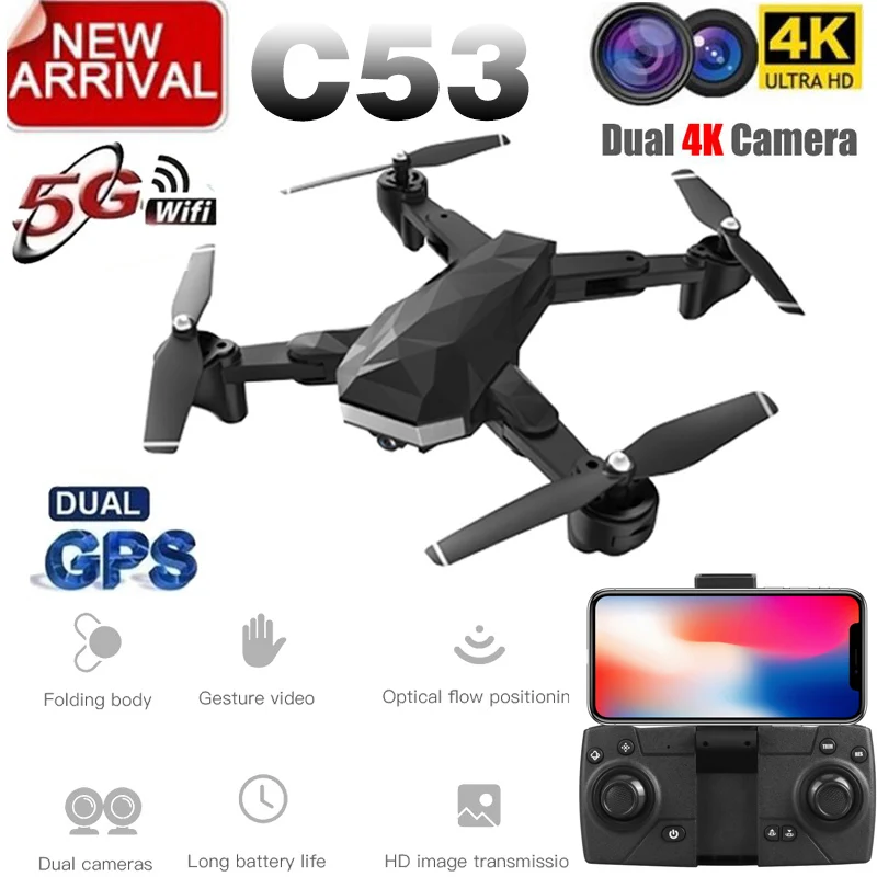 

2019 Новый Квадрокоптер C53 GPS Дрон с 4K HD камерой 5G WIFI FPV Радиоуправляемый складной Профессиональный Вертолет Радиоуправляемые дроны игрушка дл...