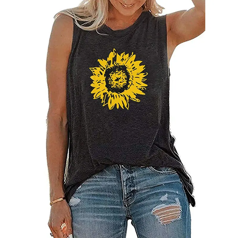 Women Sunflowers Soft Trendy Camisole Hipster Streetwear Crew Neck Slogan Vest Shirt Floral Casual Sleeveless Top Tee Tank | Женская