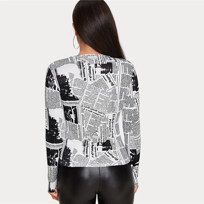 SHEIN Женская Повседневная футболка с буквенным принтом и круглым вырезом на весну и осень, облегающие уличные футболки с длинным рукавом