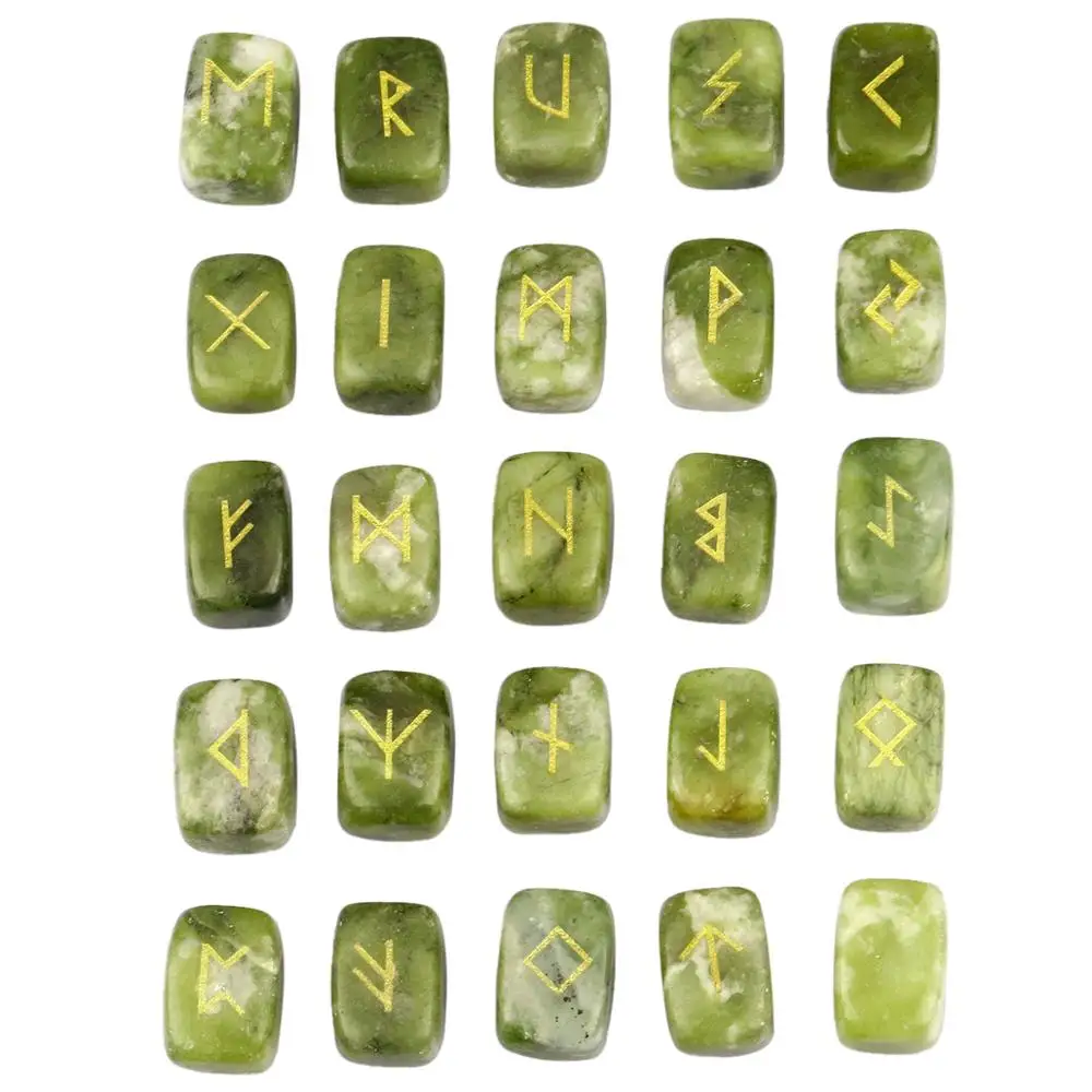 TUMBEELLUWA 1Lot (25Pc) Green Jade Engraved Rune Stones Set Healing Reiki Crystal Tumbled Stones