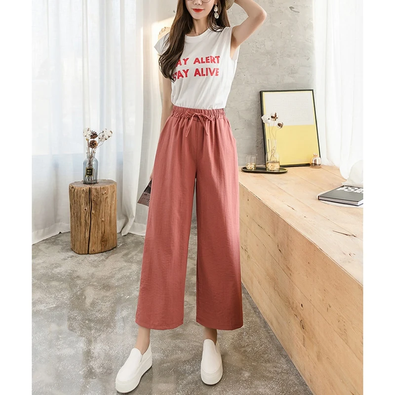 

Kili Women'S Linen Wide-Leg Pants Loose Korean High Waist Nine-Point Pants Casual Pants