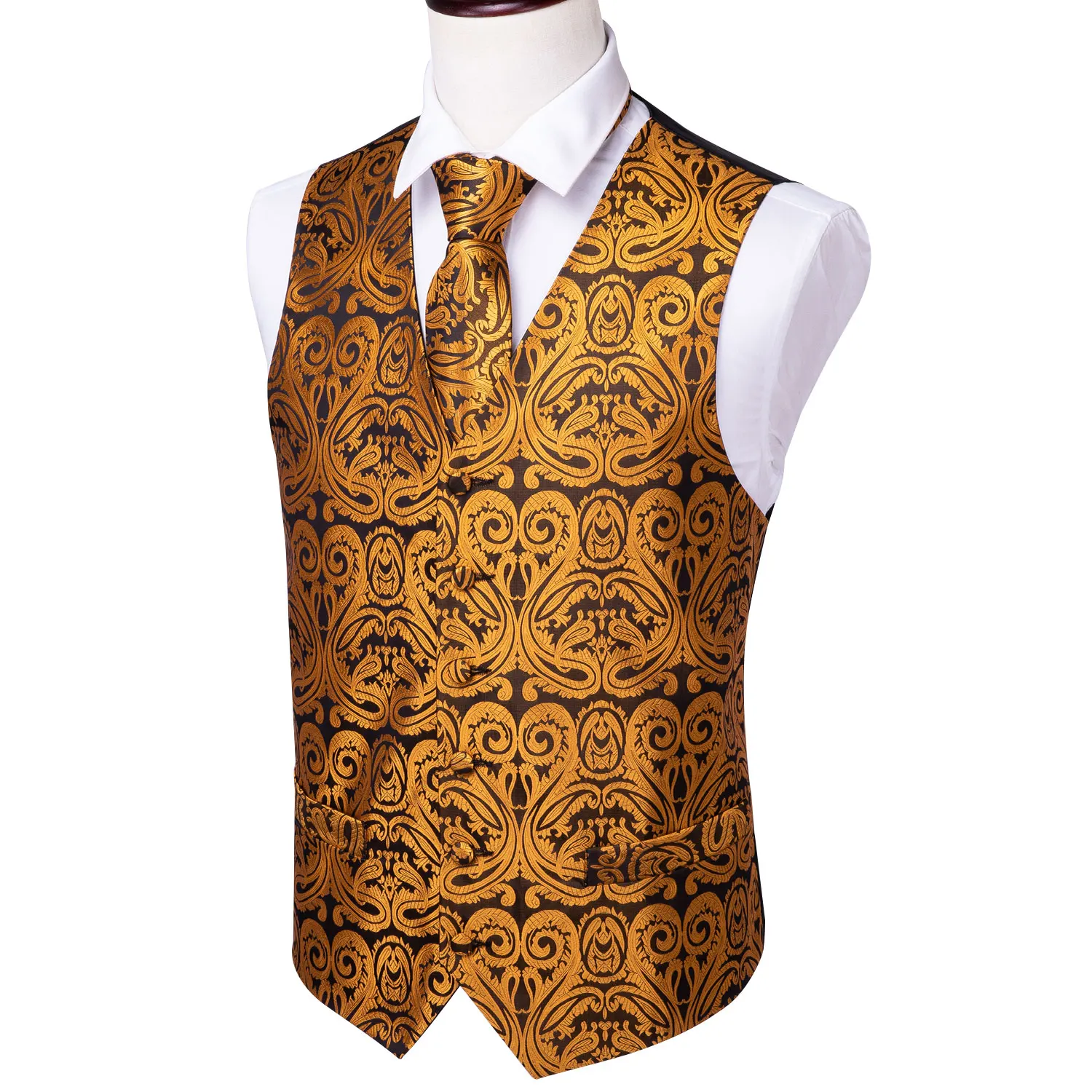 Gold Formal Silk Paisley Men’s Vest V-Neck Waistcoat Suit Set 4PC Tie Handkerchief Cufflinks Business Party Barry.Wang | Мужская