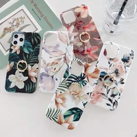 for iphone 13 11 pro max 12 mini xs xr floral flower leaves cover cases for iphone 7 8plus soft imd phone case ring stand holder