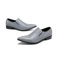 genuine leather slip on men dress shoes business solid suit silver gray point toe oxford shoes