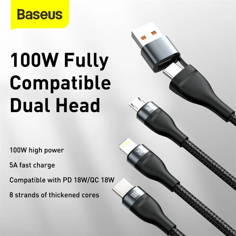 baseus 3 in 1 usb cable for iphone 13 12 pro max 100w fast charging micro usb type c cable for macbook pro samsung xiaomi free global shipping