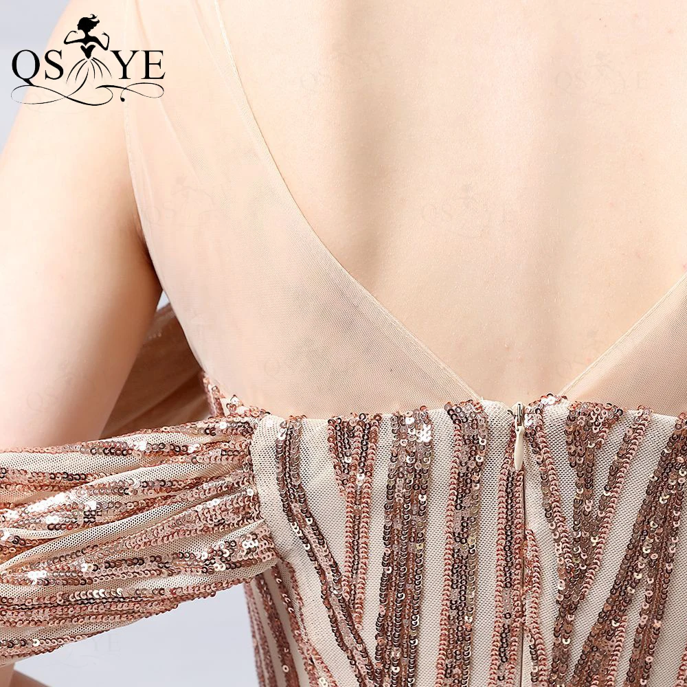 

Vertical Stripes Sequin Gold Evening Dress Mermaid Long Party Dress Side Sleeves Nude Neckline Hot Drilling Gold Fit Prom Gown