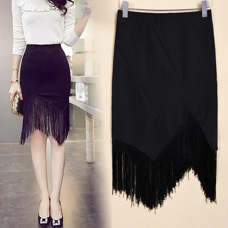 2019 черная юбка с бахромой облегающая высокой талией элегантные офисные женские
