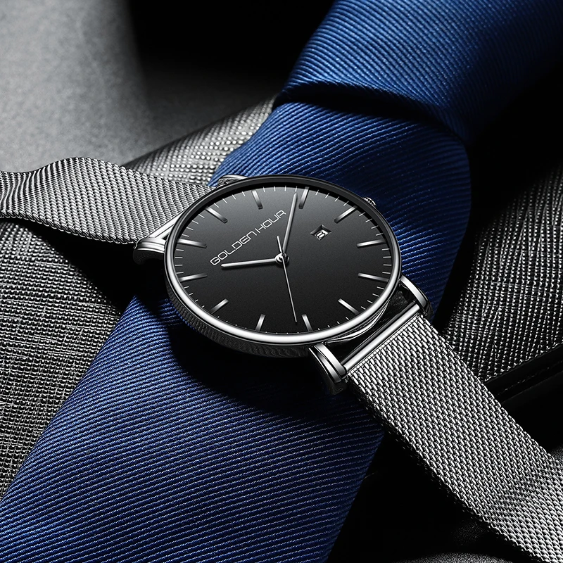 Reloj Hombre GOLDENHOUR Стильные Простые мужские часы с сетчатым стальным ремешком Мужские